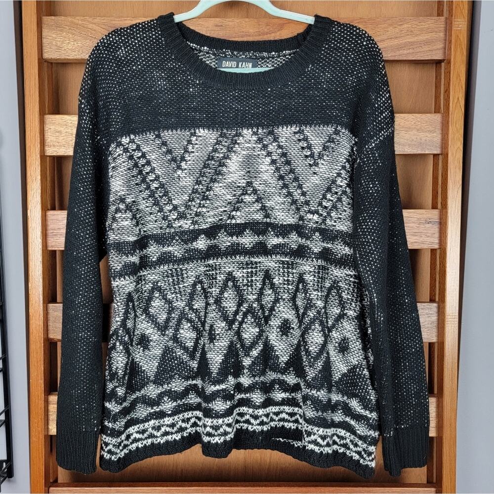 David Kahn Black & White Geometric Knit Sweater, Sz XL